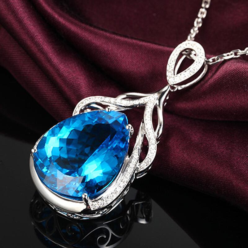Light Luxury Mermaid Tears Necklace Women'S Micro-Inlaid Zircon Synthetic Blue Topaz Droplet Pendant