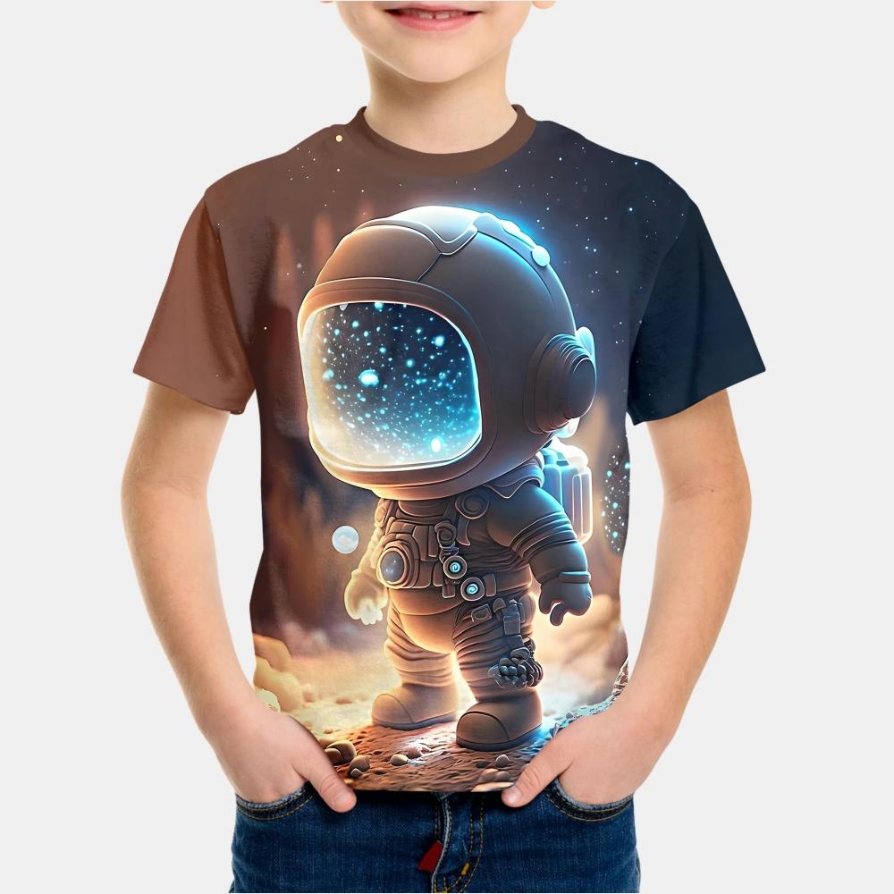 Summer Round Neck 3D Printed Cartoon Astronaut Pattern Top Fashionable Casual Short Sleeved Children's Boy T-shirts