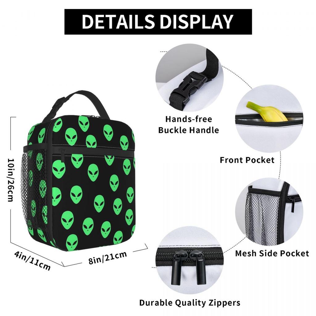 Grünes Alien-Raumschiff-Muster Isolierte Lunchtasche für Kinder Schul-Kühltasche Thermische Lebensmittelbox Tragbare Lunchboxen Behälter