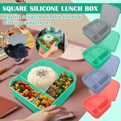 Lebensmittelechte, quadratische Silikon-Lunchbox mit vier Fächern, luftdicht verschlossen, mikrowellengeeignet