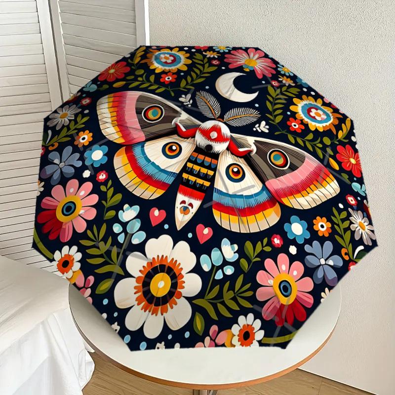 1pc Colorful Floral Moth Mandala Umbrella with Plastic Handle,Suitable for All Seasons Home Travel Outdoor UmbrellaDD1175