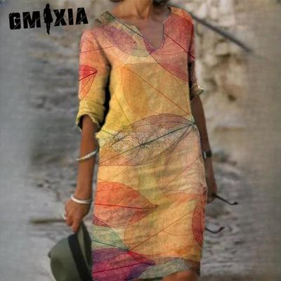 Summer Print Loose Bamboo Fiber Hemp Floral Short Sleeve Women's Vintage Literary Round Neck Five-quarter Sleeve