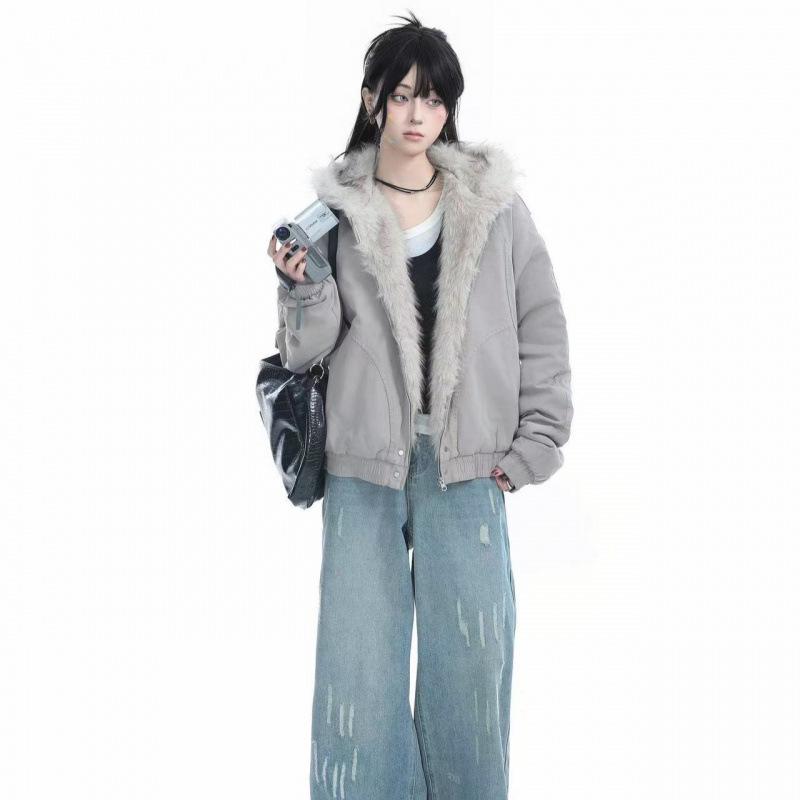 Winter Retro Fur Collar Women Padded Hooded Cotton-Padded Jacket Plush Casual Street Gothic Harajuku Oversize Coat