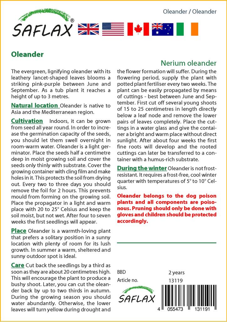 SAFLAX Garden In the Bag - Oleander - 50 Seeds - With Substrate In a Fitting Stand Up Bag - Nerium Oleander