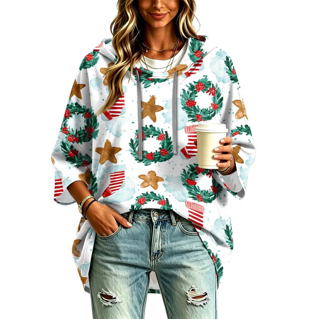 Women's Fashion Christmas Print Hooded Pullover Top, 3/4 Sleeve Casual Tunic
