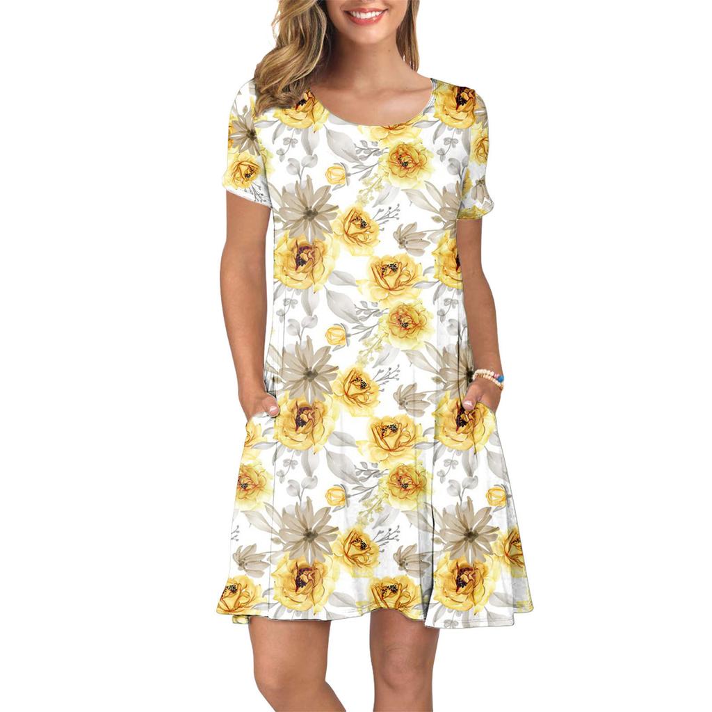 Women's Fashion Print Loose Casual Short-Sleeved Round Neck Pocket Dress