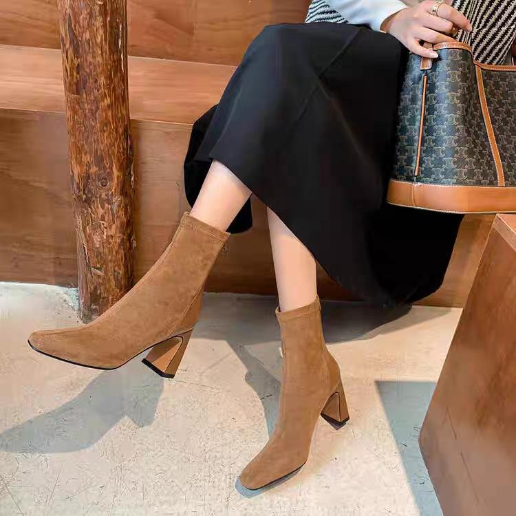 

Французские ботильоны с квадратным носком и толстым каблуком, женские замшевые комбинированные ботильоны на высоком каблуке с задней молнией, эластичные тонкие ботинки-носки, осенне-зимние 40 коричневый