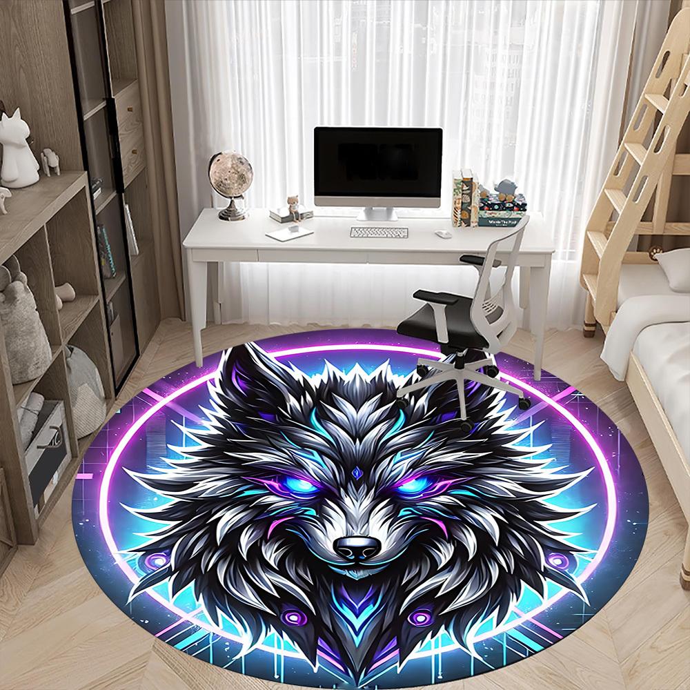 1pc Wolf Neon Office Round Area Rug, Under Office Chairs Bedroom Living Room Home Decor, Room Deco, Available In Various Sizes