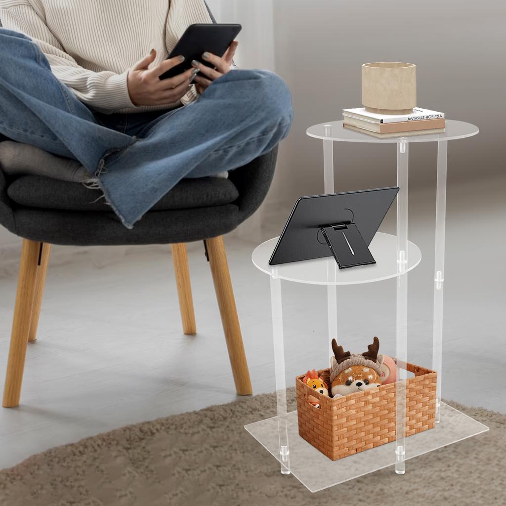 3-Tier Sturdy Clear Round Side Table (5kg Capacity) - Modern PC Material Bedside Table W/ Open Storage Shelf for Bedroom, Office