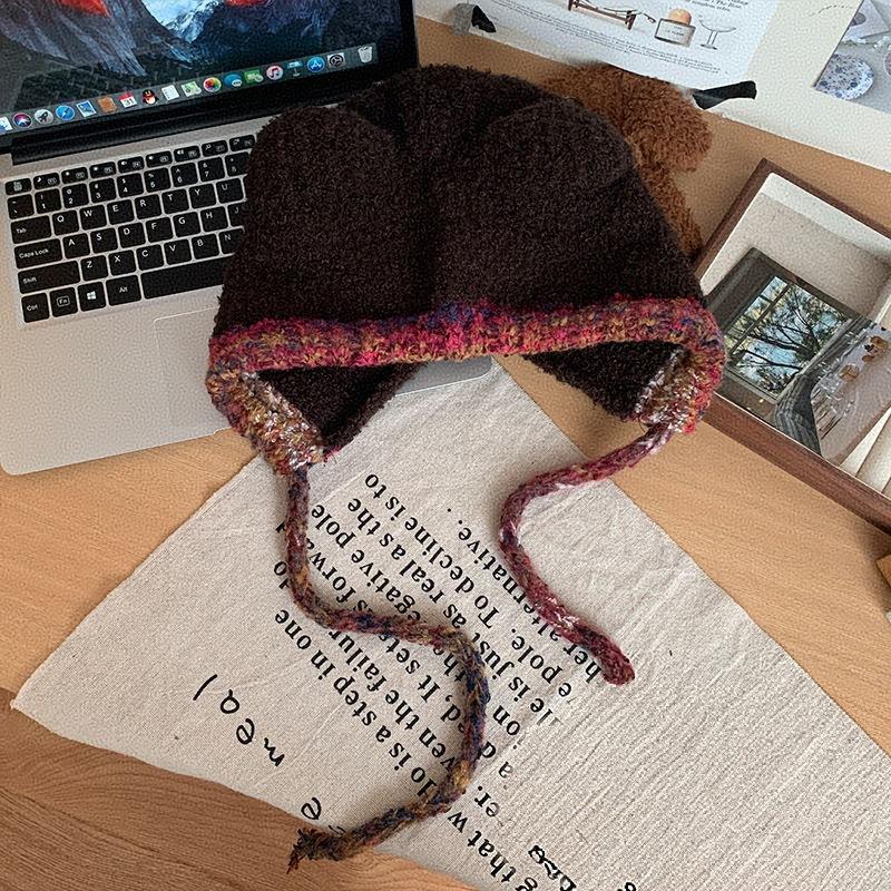 2025 new mixed color strap bear ears plush hat women's winter warm ear protection knitted wool hat pullover hat
