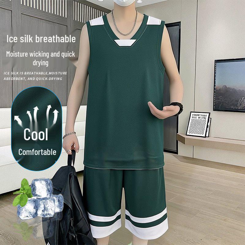 11036 Men's Summer 2026 Sleeveless Ice Silk Quick-Dry Vest and Shorts Set for Training