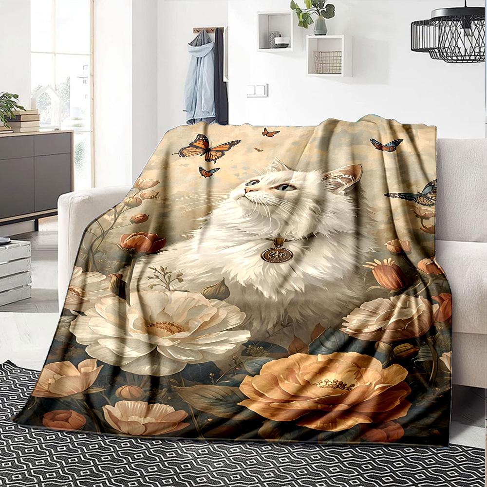 1pc cat, flowers blanket Lightweight Flannel Throw for Sofa Bed Travel Camping Livingroom Office Couch Chair