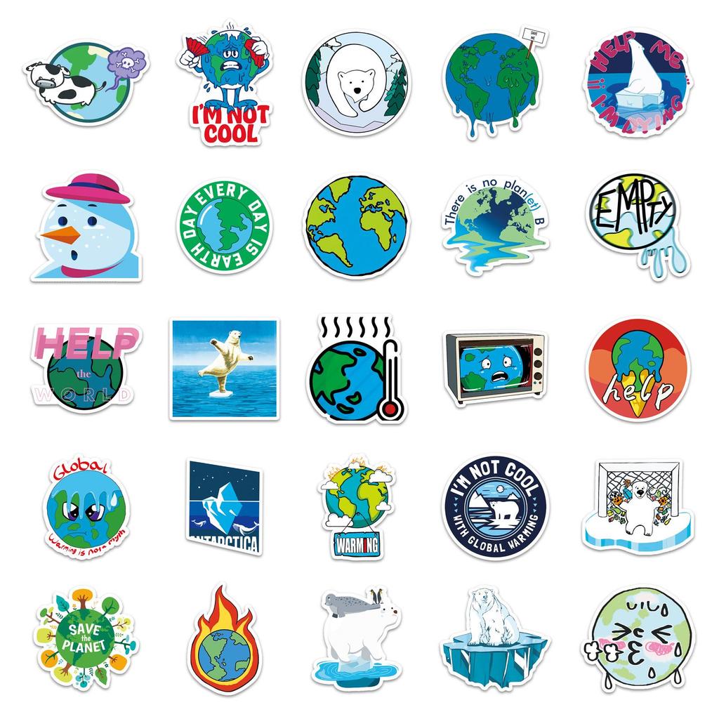 50 Sheets: Creative Earth Melting Stickers with Personalized Global Warming Slogans for Suitcases, Notebooks, and Journals