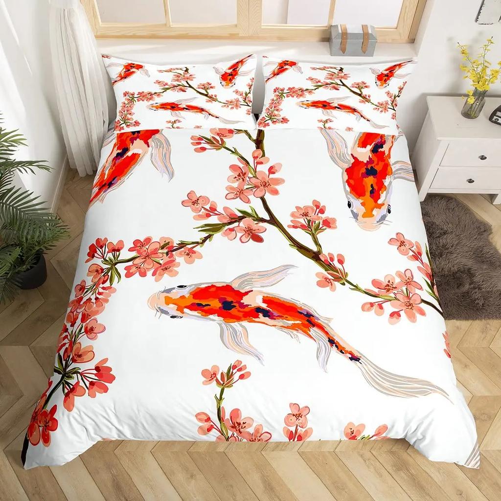 Comforter Koi Fish Carp Tie Dye Bedding Sets Traditional Chinese Ink Art Lotus Leaf Nature Full Size