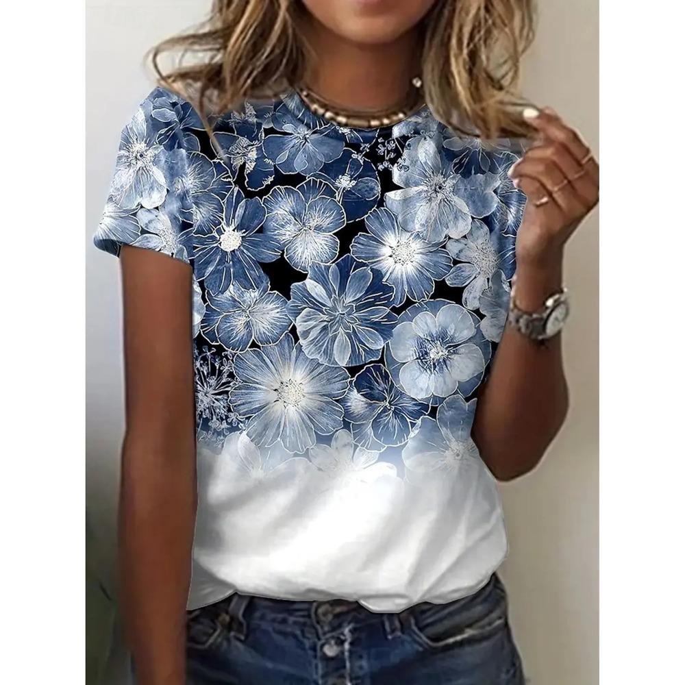 

Women s T-shirt with flower pattern retro fashion casual short sleeved round neck regular top daily plus size summer 6XL