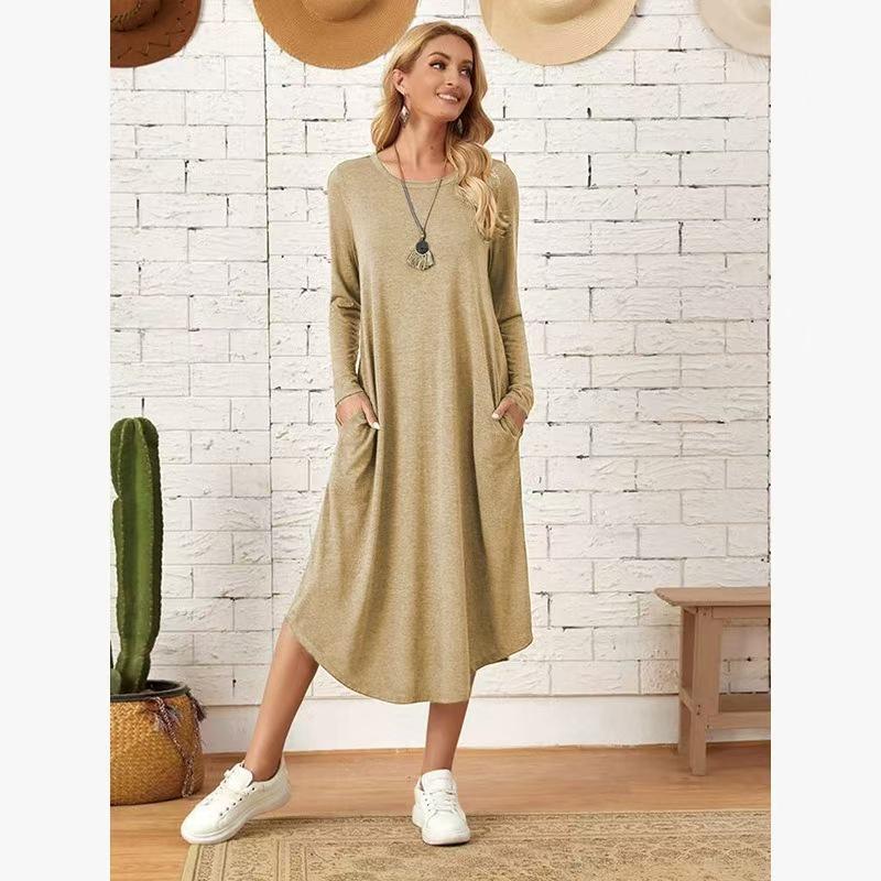 

European & American Women s Mid-Length Dress with Slant Pockets and Curved Hem, 2024 Collection Large хаки