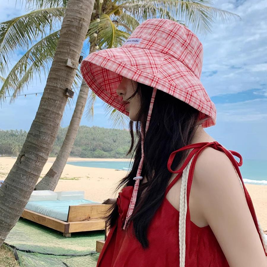 Plaid Bucket Hat Women's Summer Outdoor Sun Hat Sun Protection UV Protection Hat Showing Washbasin Hat