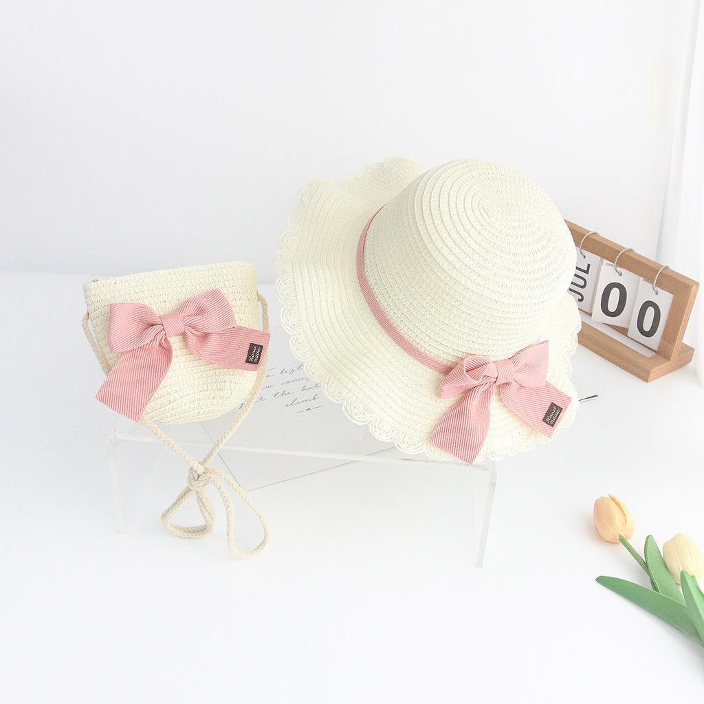 2026 New Summer Braided Children's Sunshade Straw Hat Lace Bow Braided Sun Hat Bag 2 Sets