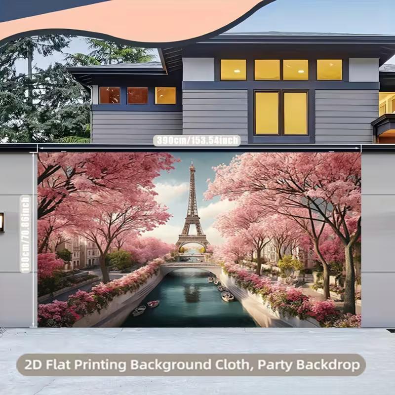 2D Paris Eiffel Tower Backdrop, Pink Cherry Blossom & Seine River Background for Wedding Photoshoot