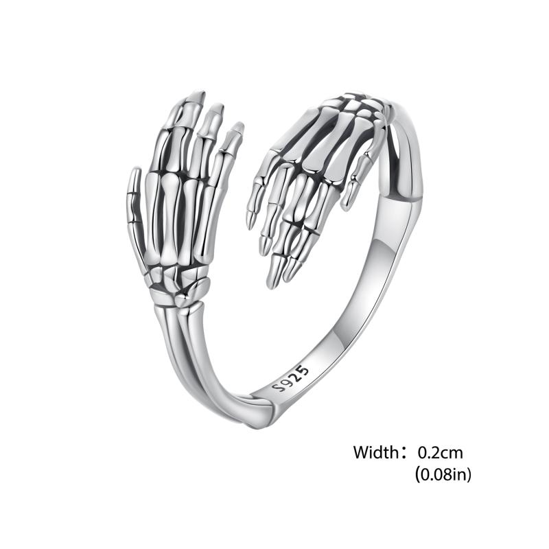 Bamoer 925 Sterling Silver Hug Hand Opening Ring For Women Jewelry Skull Open Ring Vintage Oxidized Silver Simplicity Ring Gift