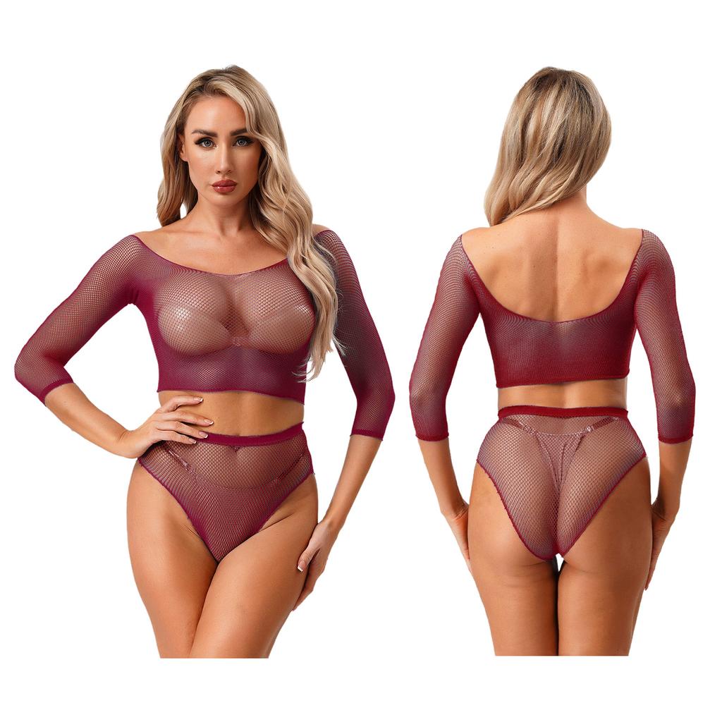 Sexy Women Lingerie Fishnet Top Briefs Set See Through Bikini Cover Couples Role Play Costume Tempting Outfit