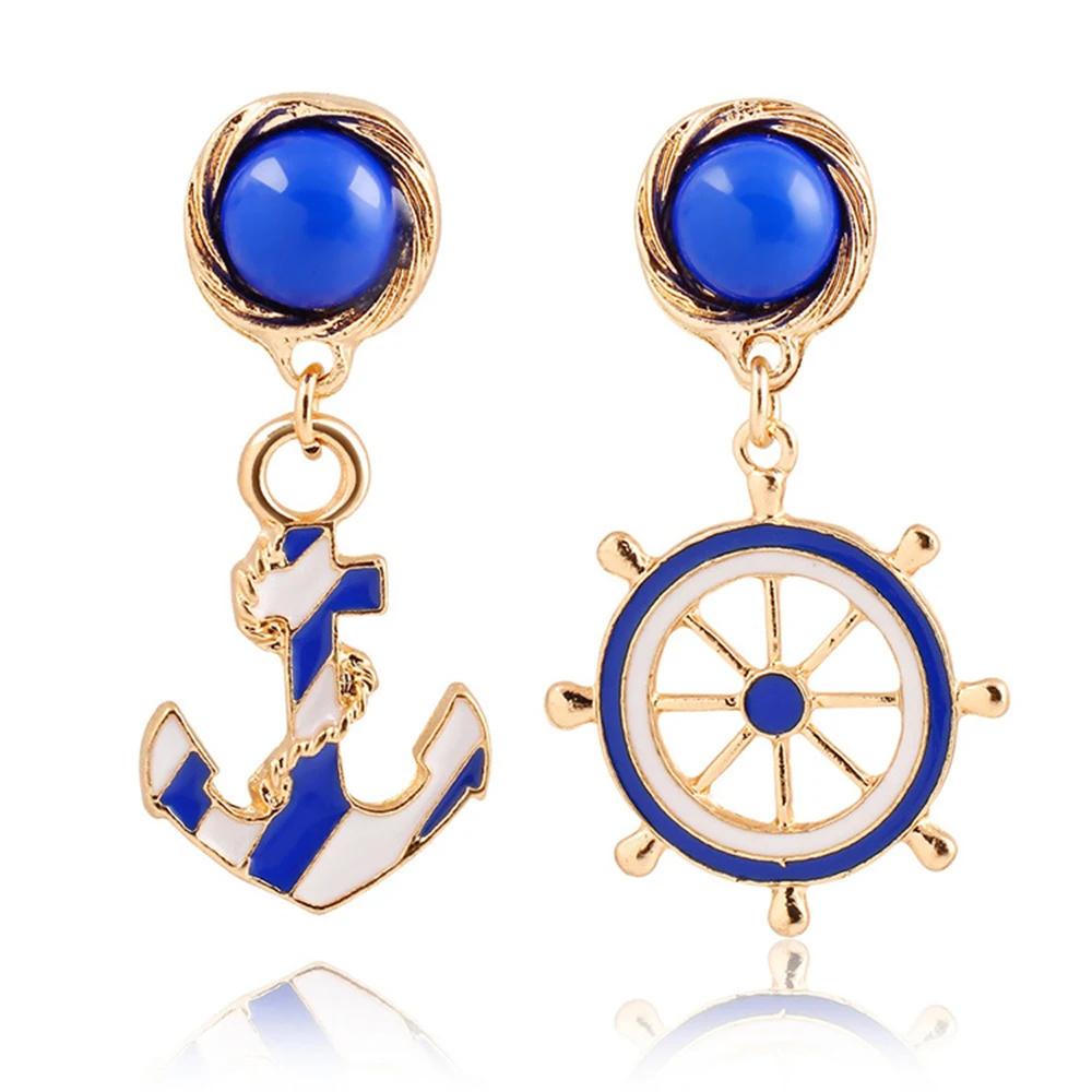 Fashion New Jewelry Blue Enameled Stone Gold Color Chain Tredny Wheel Nautical Anchor Earrings for Women Gifts