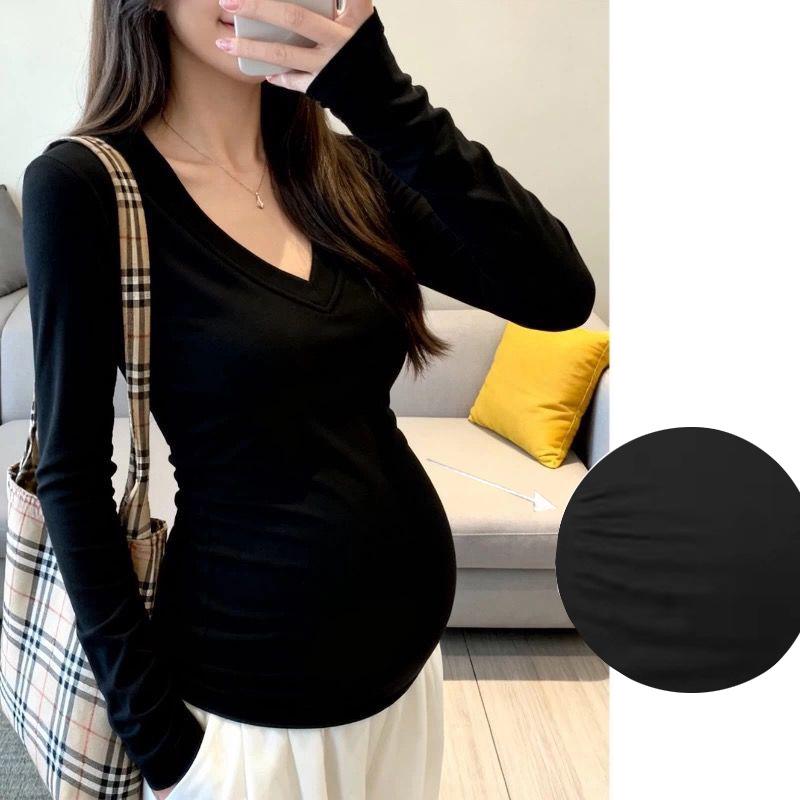 

Korean V-Neck Long Sleeve Maternity T-Shirt: Comfy, Belly-Covering, Discreet Pregnancy Wear for Spring/Autumn XL (125-145 jin)
