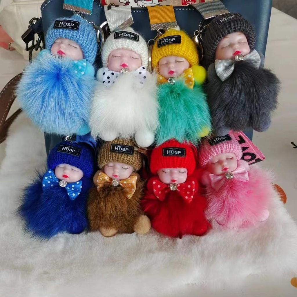 Genuine Fox Fur Sleep Doll Keychain Plush Pom-Pom Accessory