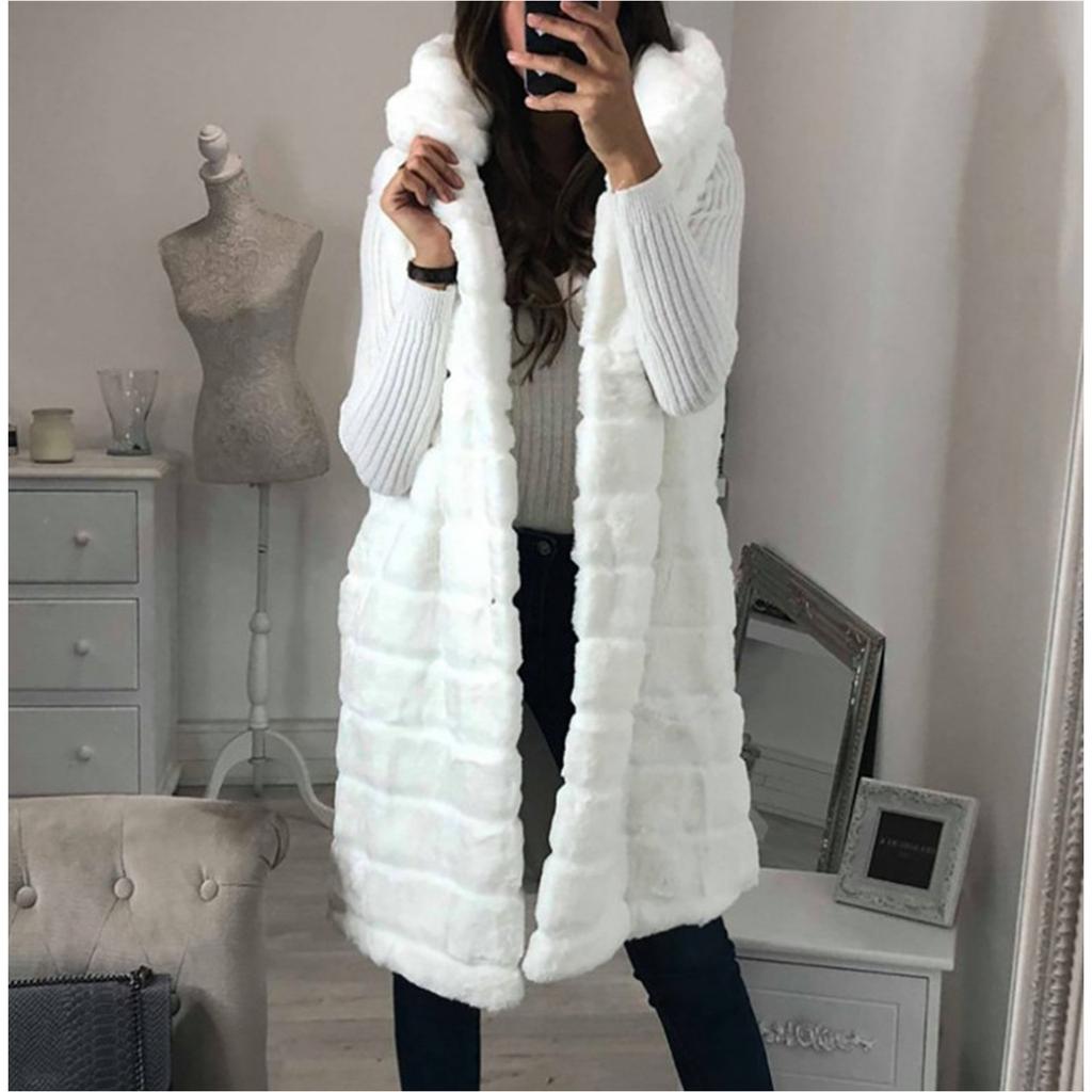 Dámská móda Plyšová vesta bez rukávů Mikina s kapucí z umělé kožešiny Top kabát Outwear
