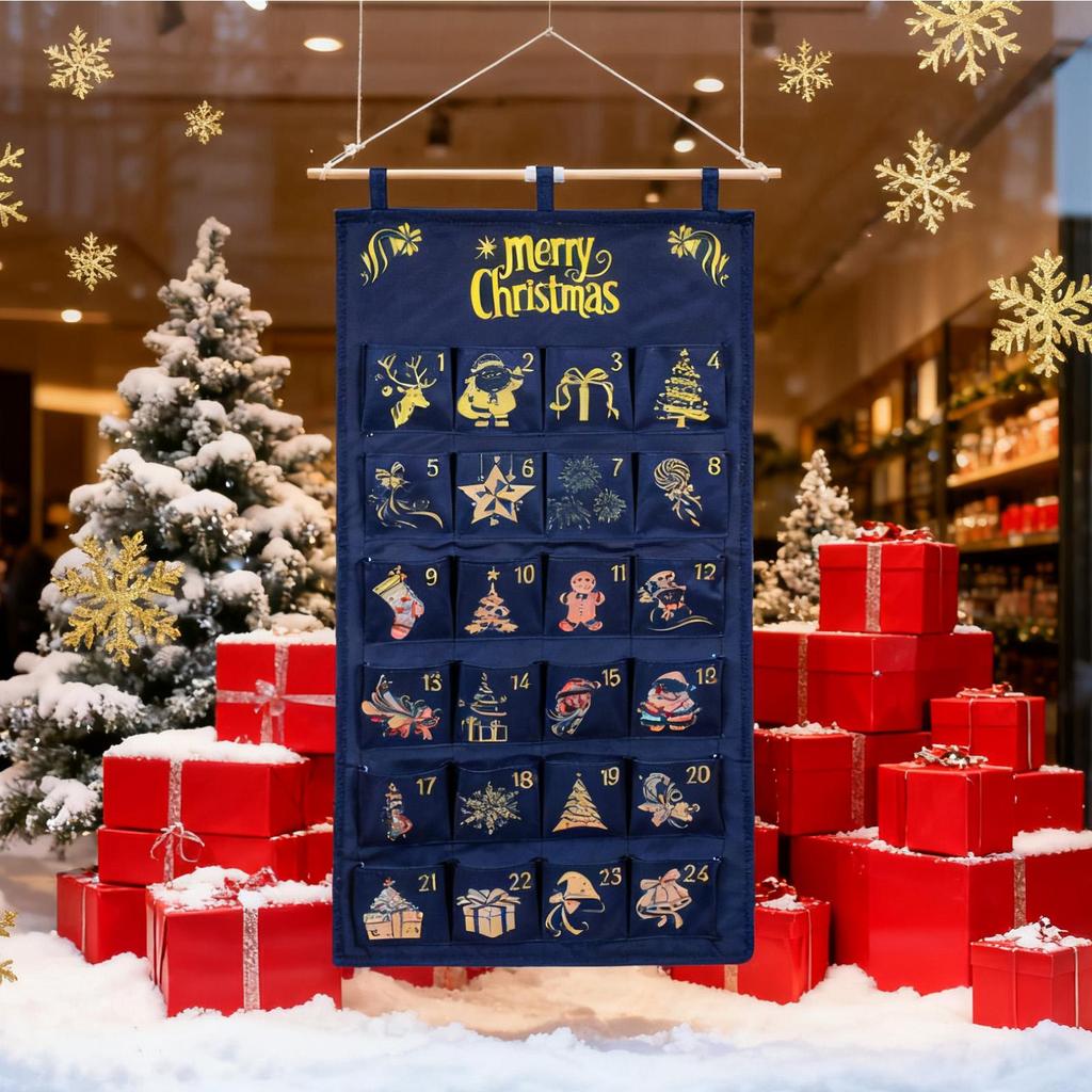Christmas Pocket Advent Calendar Hanging Bag 24-Day Hangable Fabric Calendar with Pockets Multifunctional Wall Storage Bag