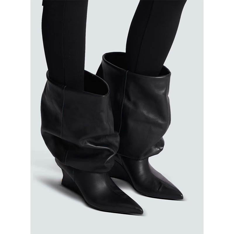 Women Pointed Toe Wedges Wrinkles Boots Leather Over The Knee Boots Classic Sexy Ladies High Heels Short Boots For Women
