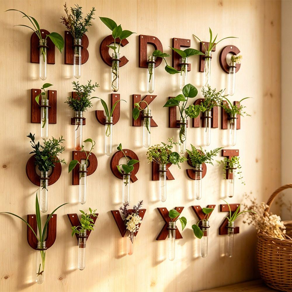 Flower Holder Wooden Hydroponic Planter Shelf A-Z Alphabet Vase Wall Decoration Home Ornaments Retro Flower Pot Indoor Garden