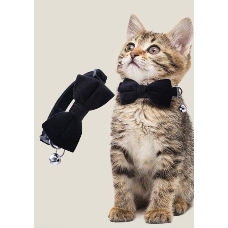 Pet Cat Collar Velvet Solid Color Bow Cat Collar Safety Buckle with Bell Anti suffocation Neck Ring Decoration