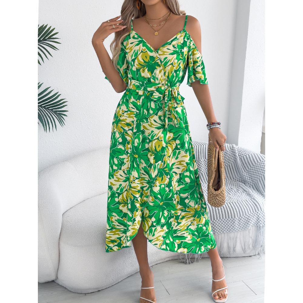 Spring Summer Strapless Cross V Neck Floral Halter Long Holiday Dresses Women