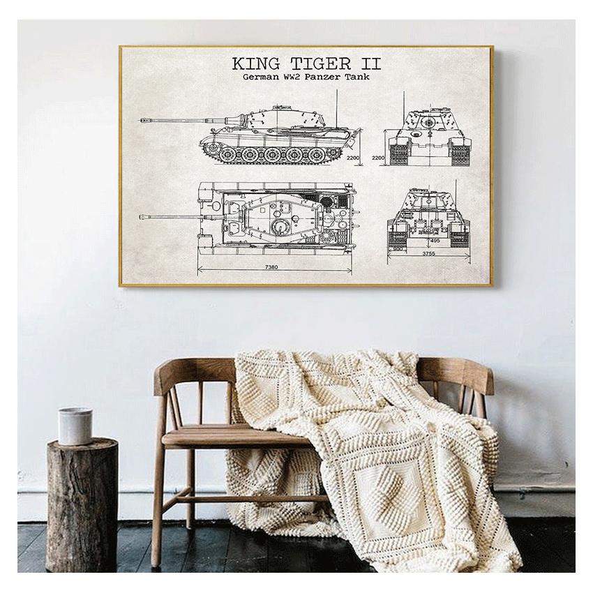 And Prints German Tank King Tiger 2 Blueprint Art Canvas Painting Boys Gifts Wall Art Decor WW2 Tank Patent Vintage Posters