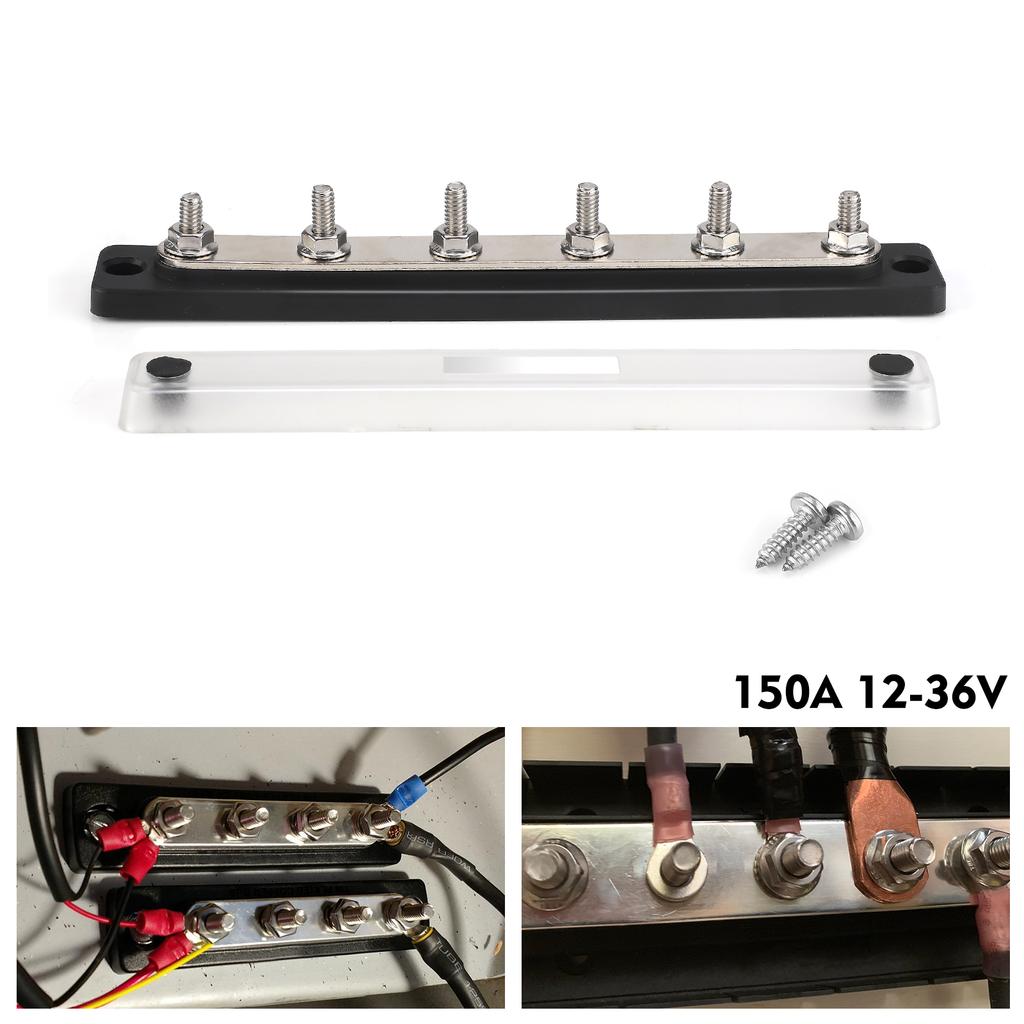 Power Distribution Block 6 x 1/4 Studs Black 12V-36V 150A M6 6 Position with Cover 10-32 Brass Studs Nuts For Automotive Marine