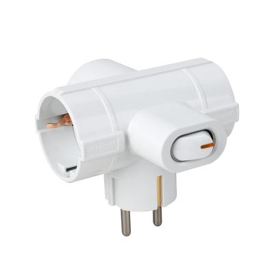 Adaptateur triple prise Schuko CILIA avec 3 prises latérales et interrupteur ON/OFF, volets de sécurité enfant, prise allemande 16A