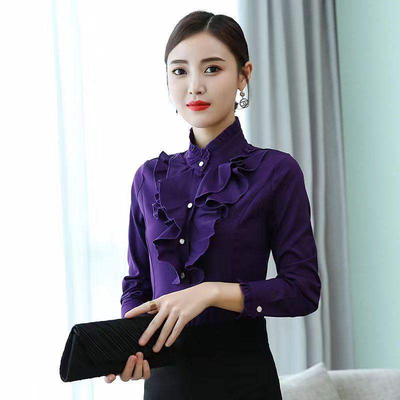 Herbst und Winter Damenmode Stehkragen Knopf Rüschen Raffbluse Einfarbig Pendler Langarm Slim Shirt
