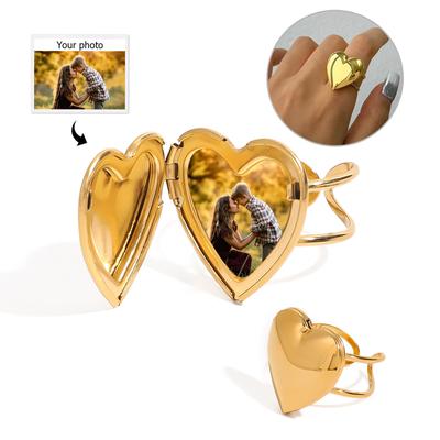 Fashionable Heart Shaped Photo Locket Rings Adjustable Open Rings Stainless Steel Texture for Youthful Women and Girls