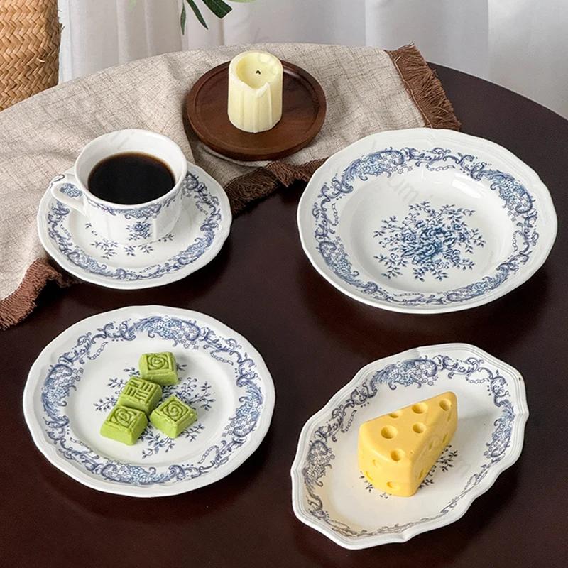 Blue Flower Ceramic Plate Retro Chinese Style Household Dining Plates Rice Bowls Afternoon Tea Dessert Dish Exquisite Tableware