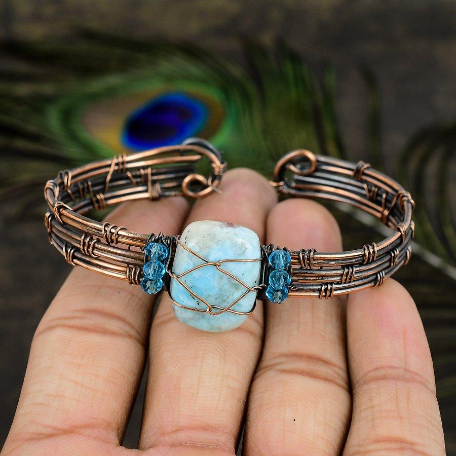 Natural Caribbean Larimar Gemstone Copper Wire Wrap Cuff Bangle Adjustable l9i21