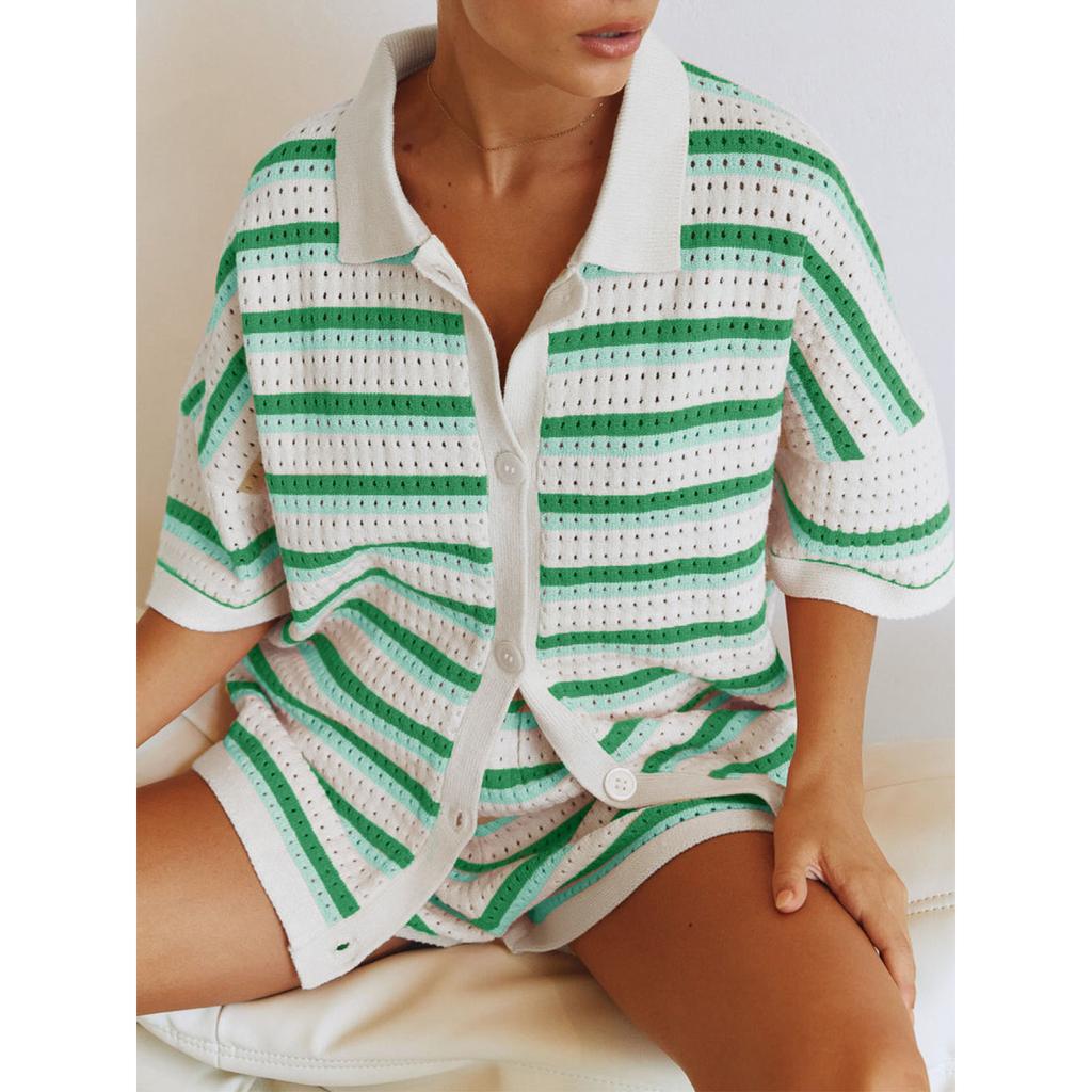 Knitted Women Two Piece Shorts Outfits Loungewear Suits Stripe Contrast Color Button Crochet Tops and Shorts Matching Sets