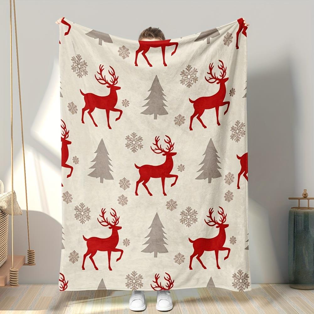 

1pc Red deer and pine tree patterned blanket polyester fabric machine washable suitable for bedroom and living room décor 75x100cm