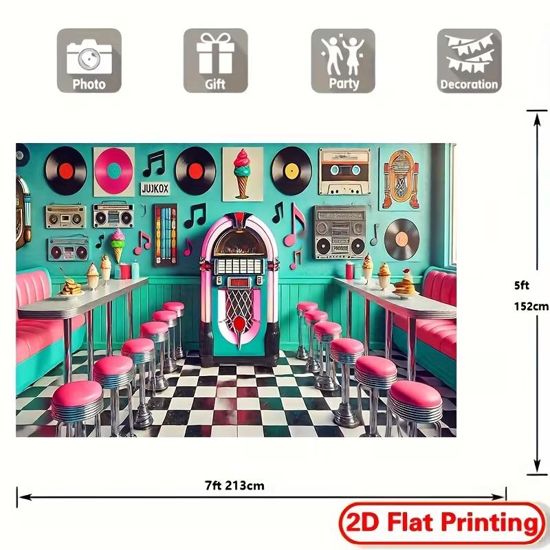 Retro 50s Diner Tapestry, Jukebox & Checkerboard Background Cloth, Bar Wall Decor