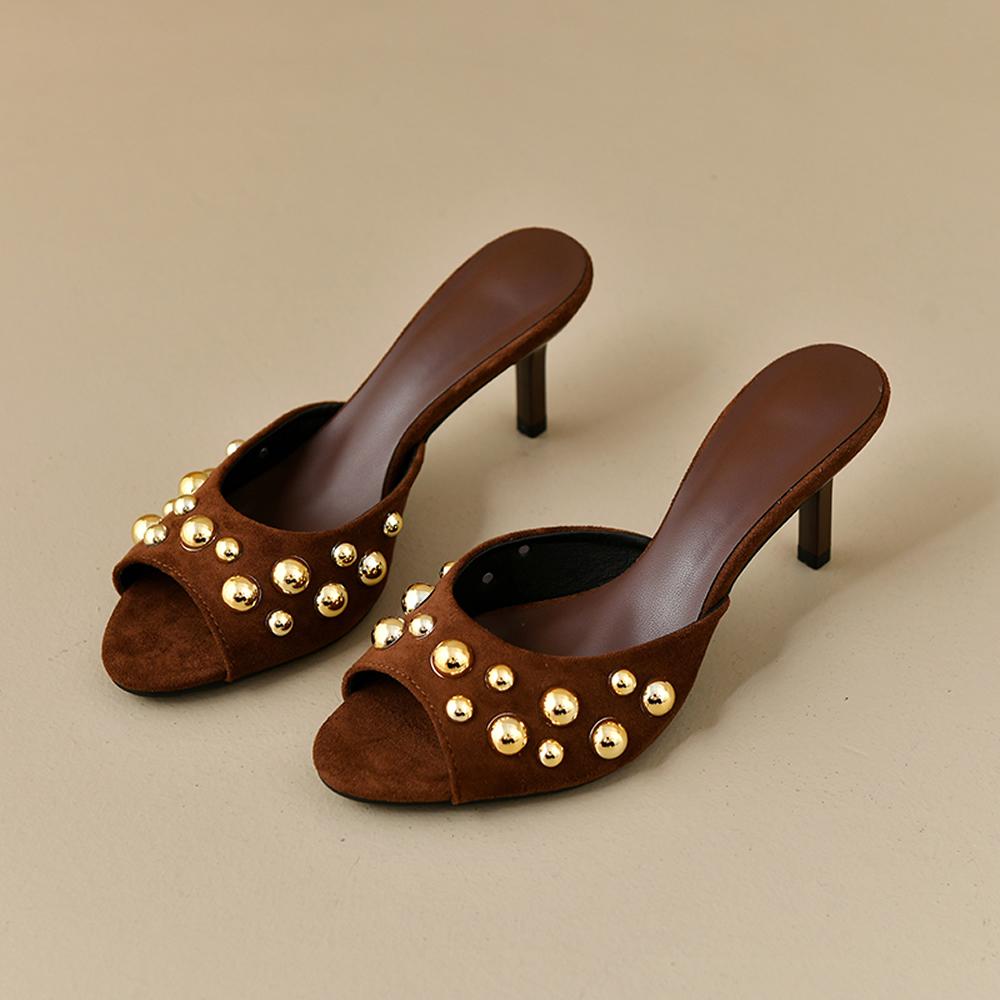 

Studded Peep Toe Mules Stiletto Slip On Gold Rivets Decor Classic Sexy Women Summer Sandals Dress Party Daily Casual Single Shoe 35 чорний