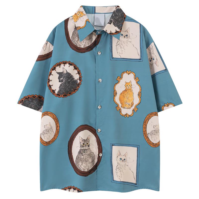 

Мужская повседневная рубашка YPRS в стиле ретро с принтом кота, с коротким рукавом - модный свободный крой для лета L синий