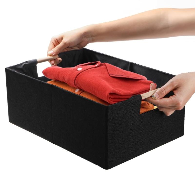 Sturdy Fabric Storage Bin With Reinforced Bottom Wooden Handles for Bedroom Office