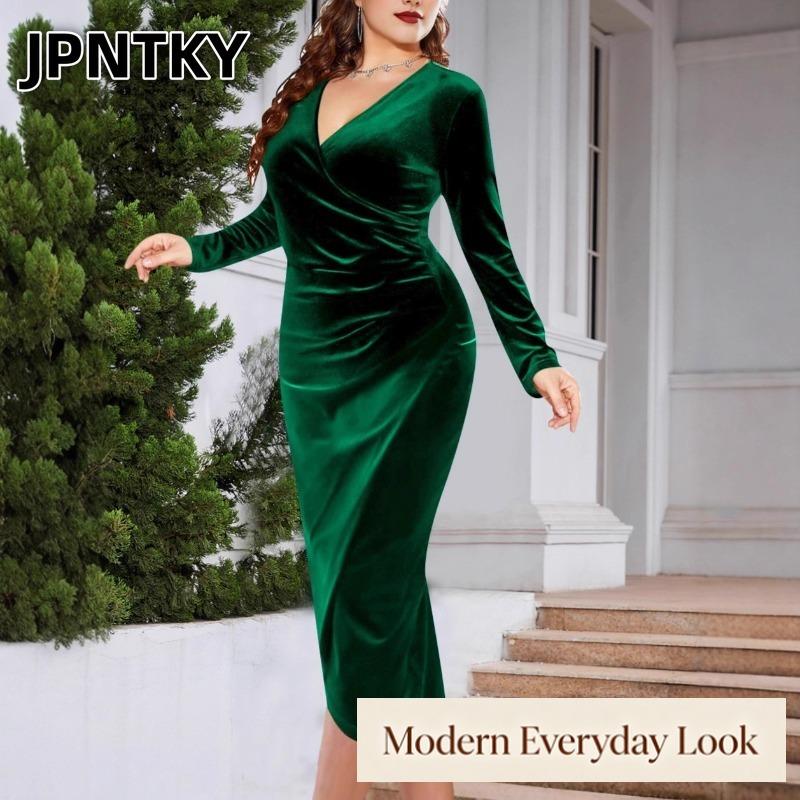 JPNTKY Fashion Summer Spring Solid Color Print Long Sleeve V-Neck Casual Dresses