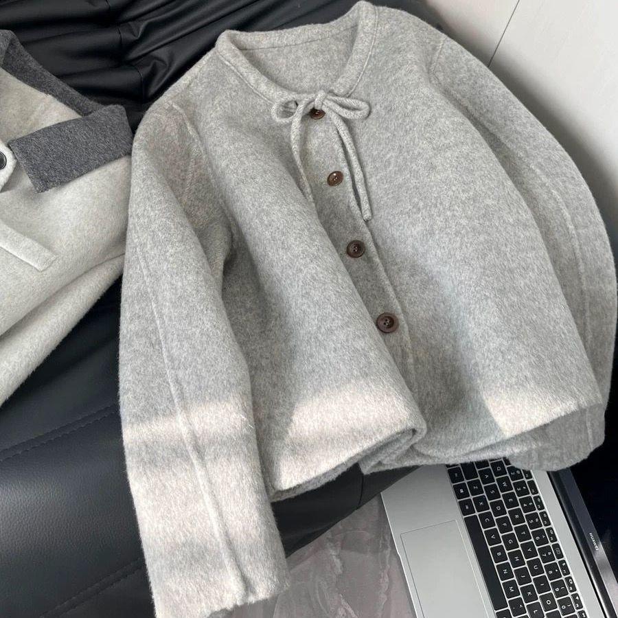 Женское серое шерстяное пальто petite - Корейский стиль зима 2025 XL: 110-120 jin