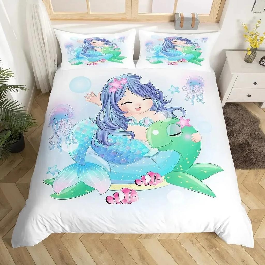 Rainbow Cartoon Cat Colorful Mermaid Comfortable Duvet Cover Pillowcase Bedding Set Children Bedroom Decoration Home Textile